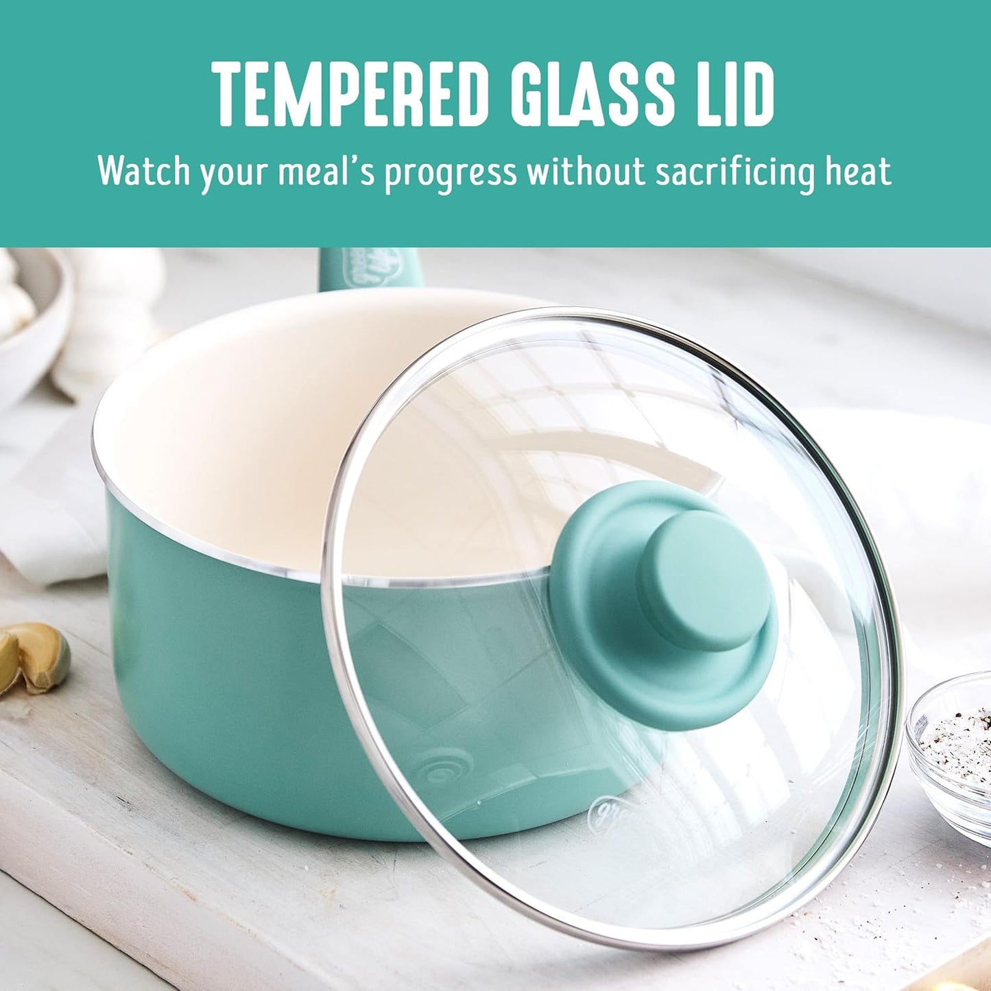 GreenLife 2 Quart Ceramic Nonstick Saucepan with Lid, PFAS-Free, Stay-Cool Handle, Multipurpose Kitchen Cooking Pot, Dishwasher & Oven Safe, Turquoise