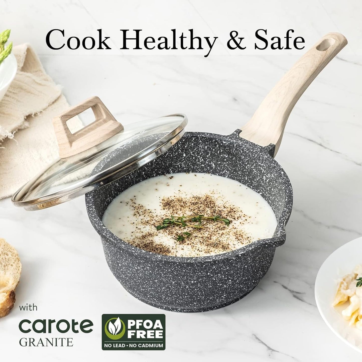 CAROTE 1.5Qt & 3.0Qt Sauce Pan Set with Lid Nonstick Saucepan 4 Pcs Non Stick Sauce Pots Cooking Pot with Pour Spout, Easy to Clean, Small Kitchen Pots Induction Pot, PFOA FREE (Class Granite)