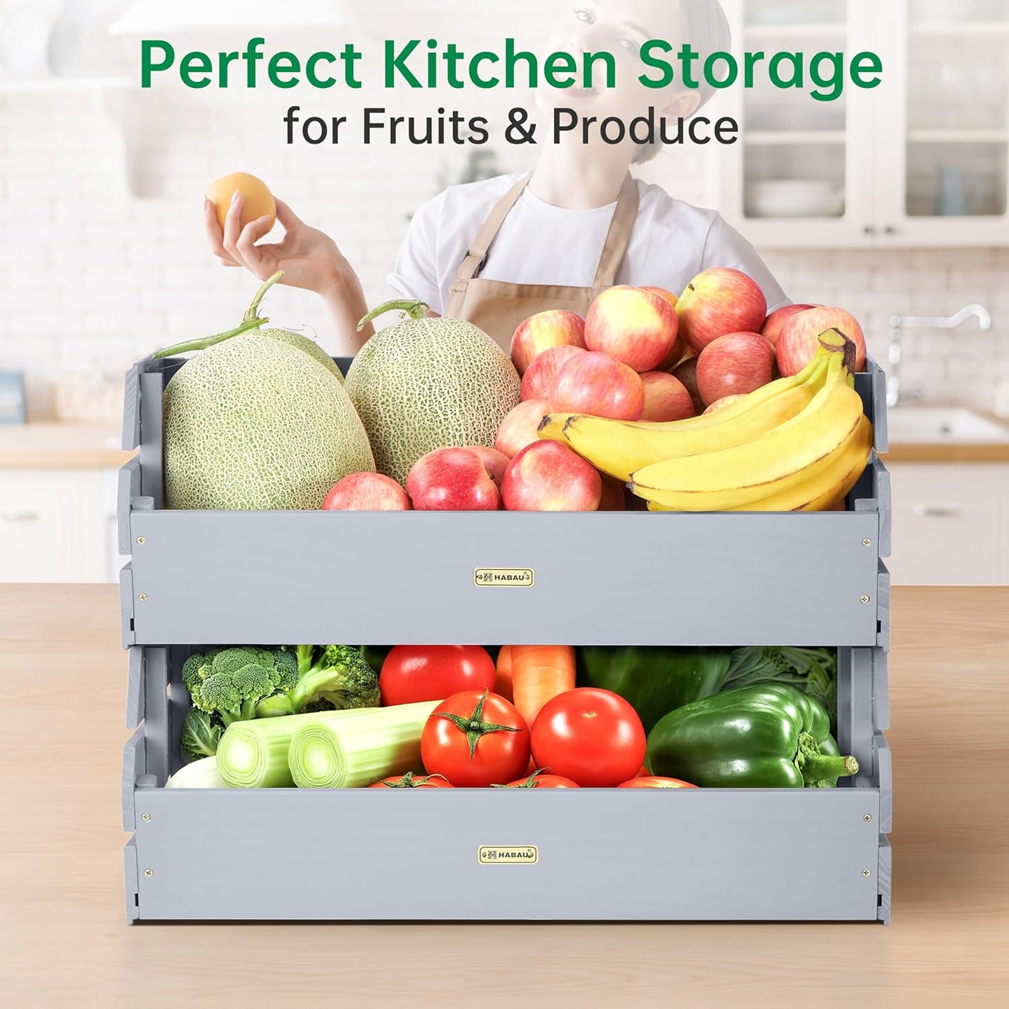 HABAU Wood Potato Onion Storage Bins - Wooden Stackable Produce Basket - Fruit Vegetable Storage for Kitchen Pantry Organization, Set 2 Pieces