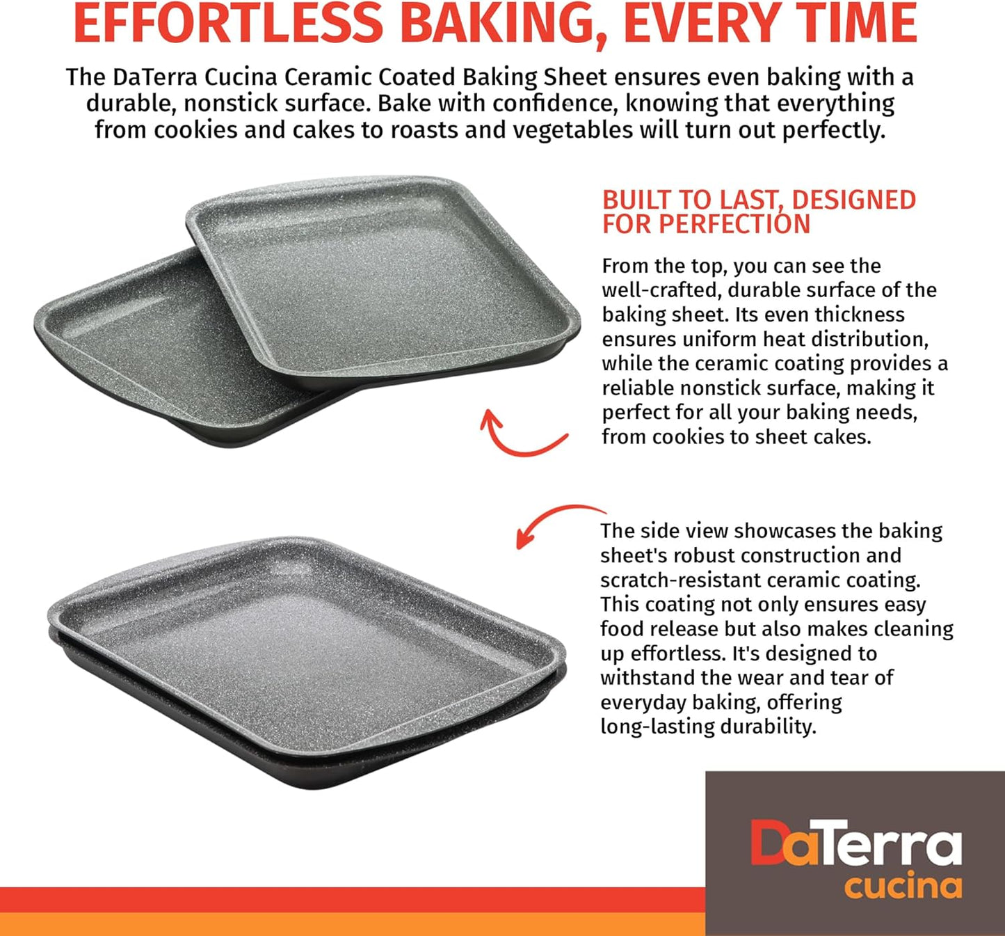 DaTerra Cucina - Nonstick Ceramic Coated Baking Sheet Twin Pack – 16" x 11" x 1" Professional Grade, PTFE, Cadmium, Lead & PFOA Free, Oven Safe, Ideal for Baking, Roasting & Cooking
