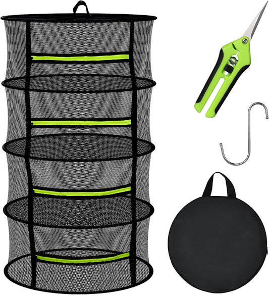 Herb Drying Rack - Mesh Drying Rack - Herb Drying Rack Hanging with Green Zipper & Garden Pruning Shears for Drying Herb - Hanging Drying Rack - Plant Drying Rack (4 Layers)