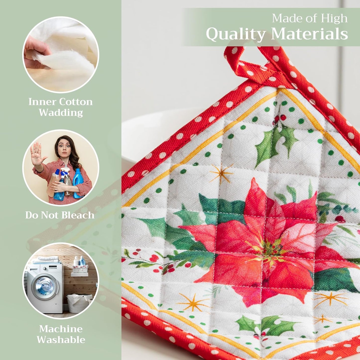Maison d' Hermine Pot Holders Set 100% Cotton Heat Resistant Potholders 8" x 8" Hot Pads with Loop BBQ, Cooking, Baking, Grilling, Kitchen, Handling Hot Pans (Pack of 2, Poinsettia Christmas)