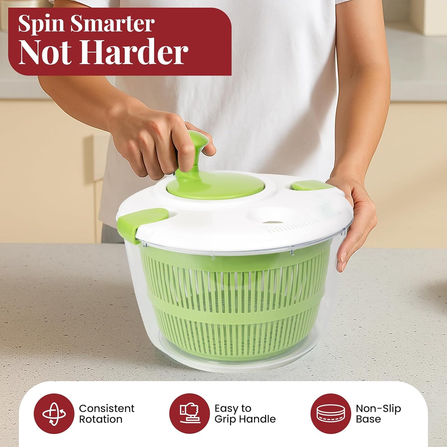 DoubleWave 5L Salad Spinner | Lettuce Spinner with Double Drainage Holes | Easy Fruit Spinner And Strainer for Washing, Spinning & Draining Fruits & Vegetables | BPA-Free & Easy to Clean