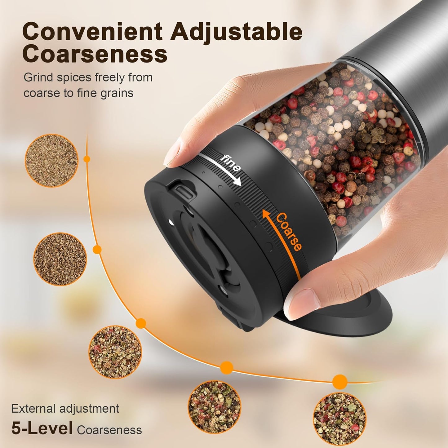 Electric Salt and Pepper Grinder Set, 2-Speed Setting, Stainless Steel Rechargeable Automatic Pepper Mill Shakers with USB Charging Base,100ml Large Capacity, External Adjustable Coarseness,LED Light