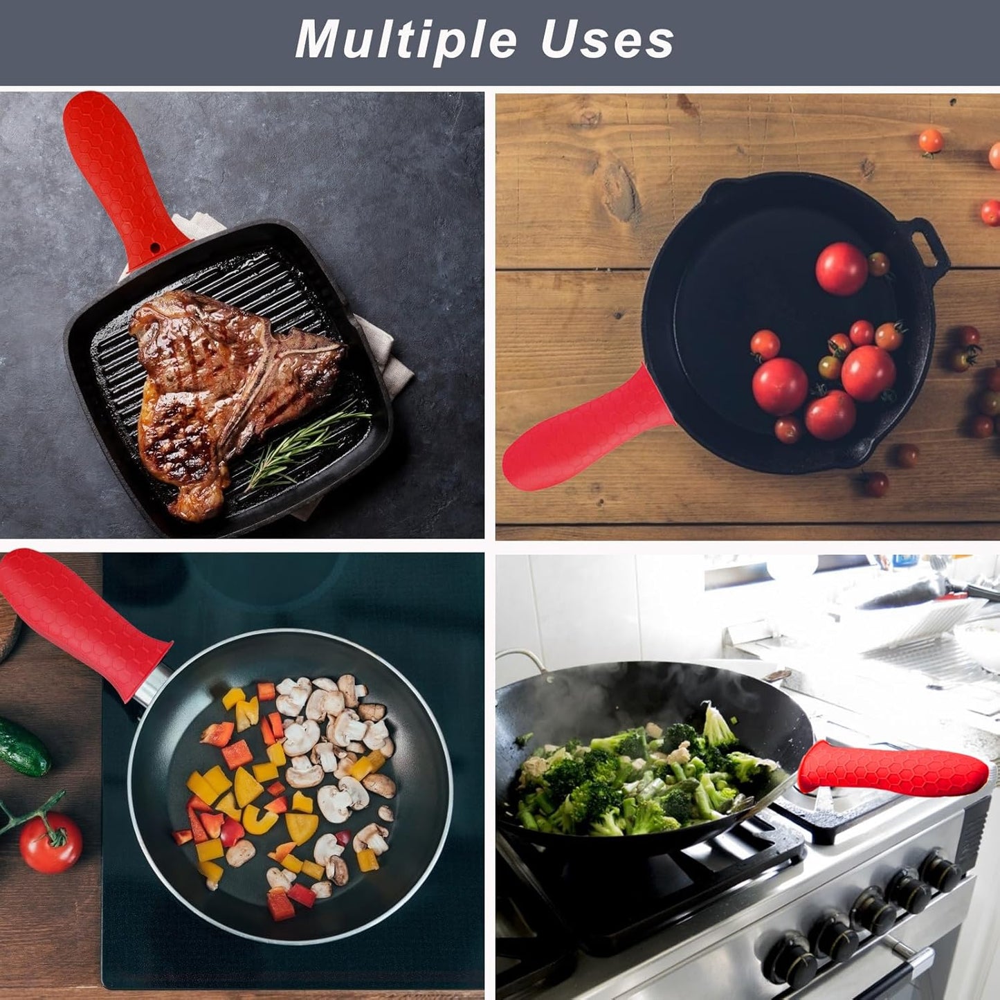 4 Pcs Silicone Hot Handle Holder, Non-Slip Potholder for Cast Iron Skillets, Rubber Pot Handle Sleeve Heat Resistant for Frying Pans & Griddles Sleeve Grip Handle Cover,Metal cookware Handles, Red