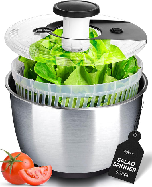 Stainless Steel Pump Salad Spinner Large - Easy Compact Kitchen Tool - Stainless Steel Bowl, Drain & Colander - Lettuce Spinner, Vegetable Dryer, Fruit Washer, Pasta & Fries Produce Strainer - 6.33 Qt