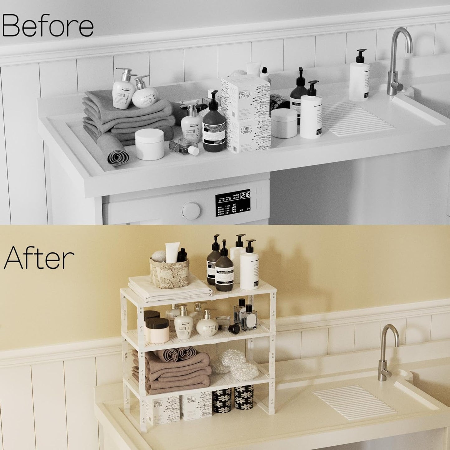 Heavy-Duty Adjustable Metal Shelf Organizer - Expandable & Stackable Pantry Storage Rack for Kitchen, Bathroom, RV, Cabinets(1 Pack/White, Large)