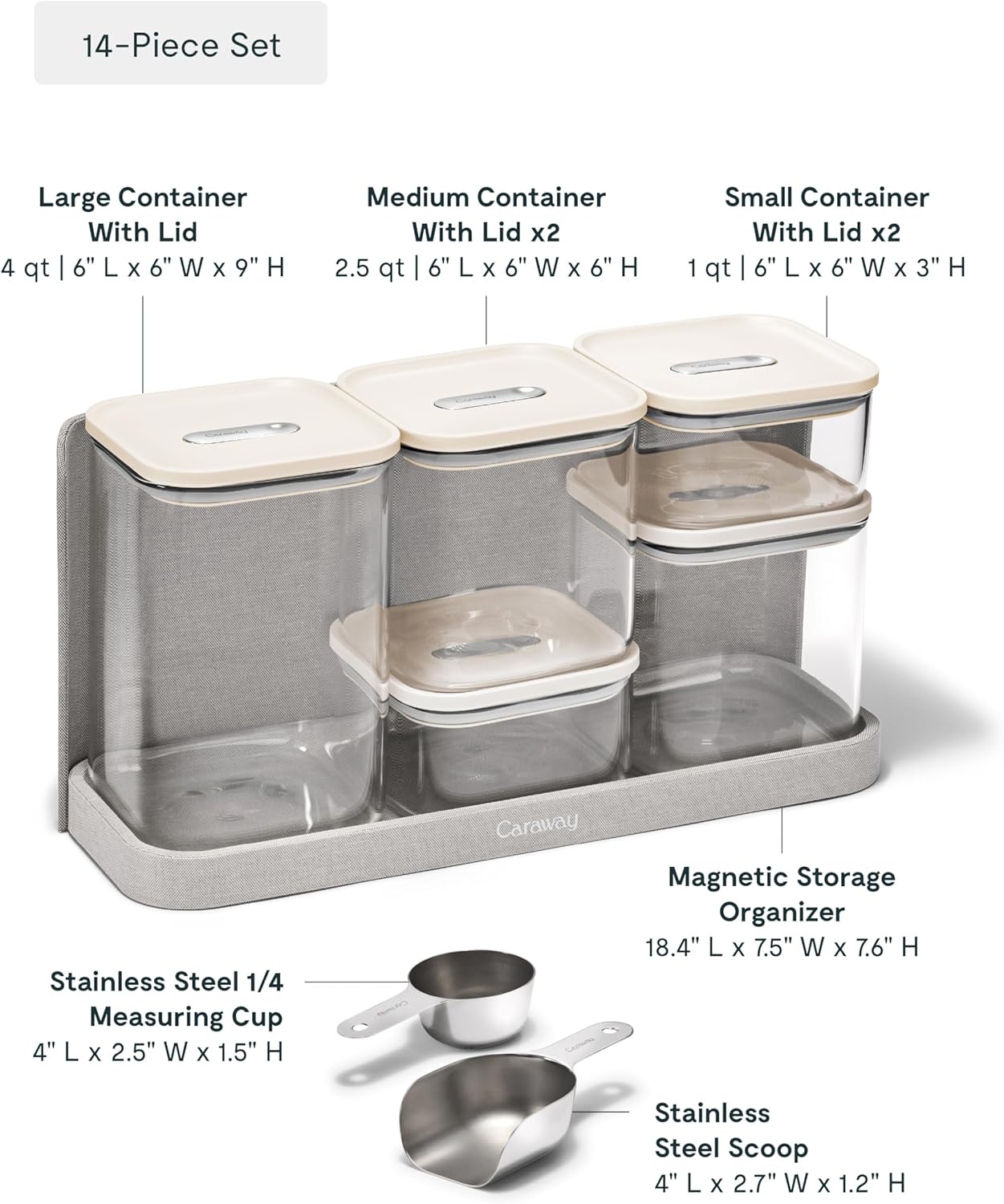 Caraway 14-Piece Glass Airtight Food Storage Containers with Lids – Non-Toxic, BPA-Free Kitchen Storage Containers – Stackable, Space-Saving Airtight Containers for Dry Goods and More - Cream