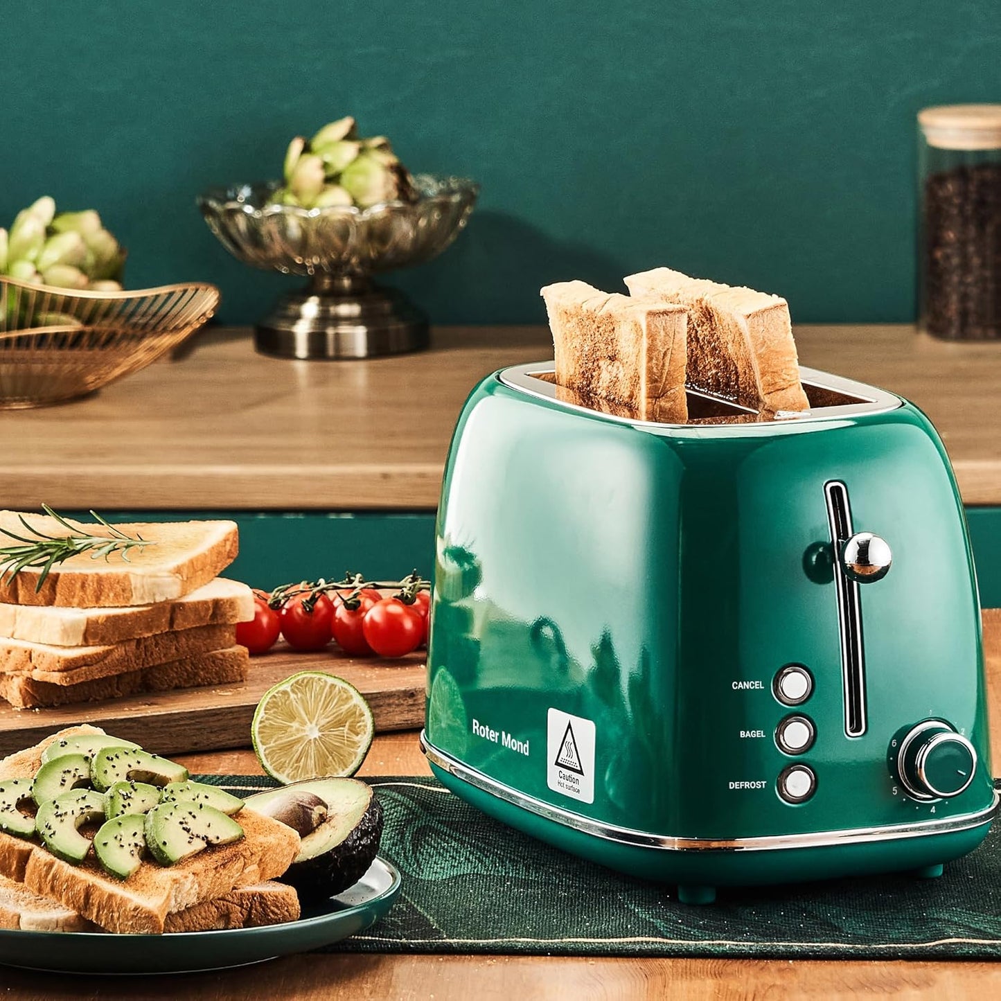 2 Slice Toaster Retro Stainless Steel with Bagel, Cancel, and Defrost Functions, 6 Bread Shade Settings, Extra Wide Slots and Removable Crumb Tray, Green