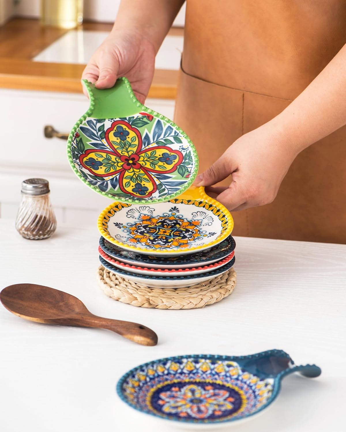 Ceramic Spoon Rest for Stove Top, Large Spoon Holder for Kitchen Counter, Cooking Utensil Rest for Ladle, Spatula, Tongs, Housewarming Gifts Set of 6 - Bohemian Style