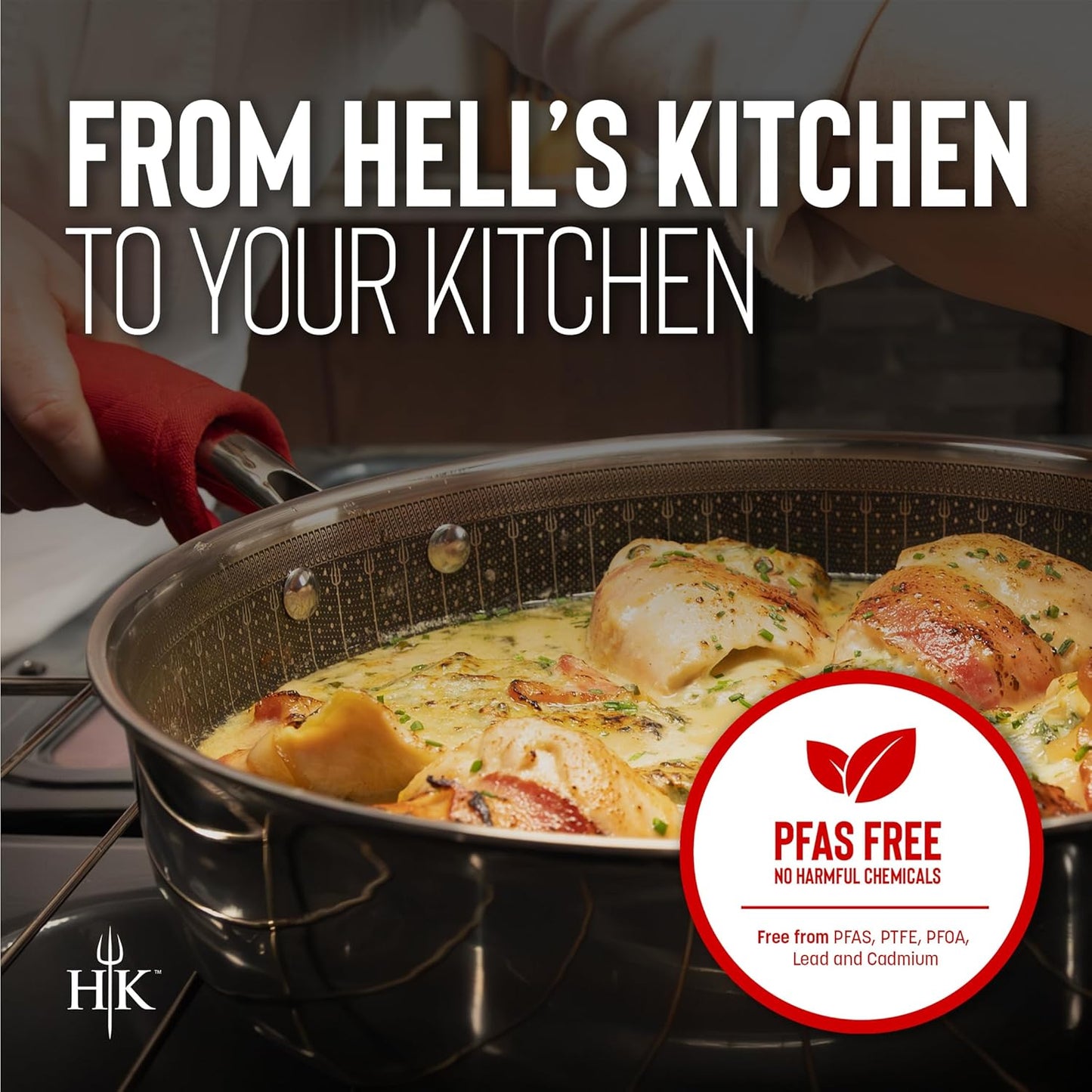 Hell's Kitchen Hybrid 2.5 Qt Saucepan and lid, Tri-Clad Stainless Steel and Nonstick Ceramic, PFAS Free, no PFOA, no PTFE, no Teflon, Non Toxic Cookware, Metal Utensil Safe, All Cooktops and Oven Safe