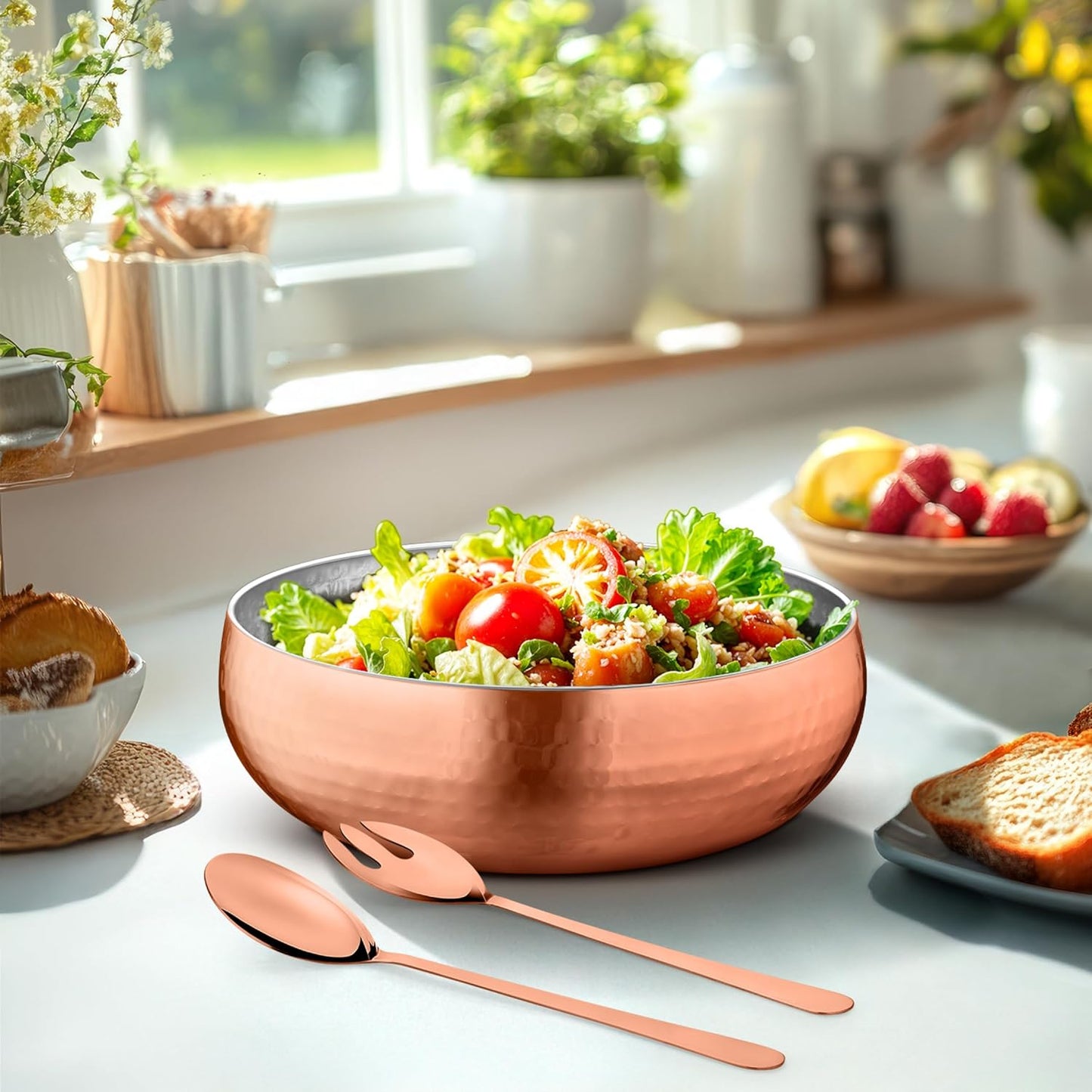 Avador® Set of 3 Premium Stainless Steel Salad Mixing Bowl Hammered Finish | Handmade | Includes Salad Serving Utensils (Rose Gold)