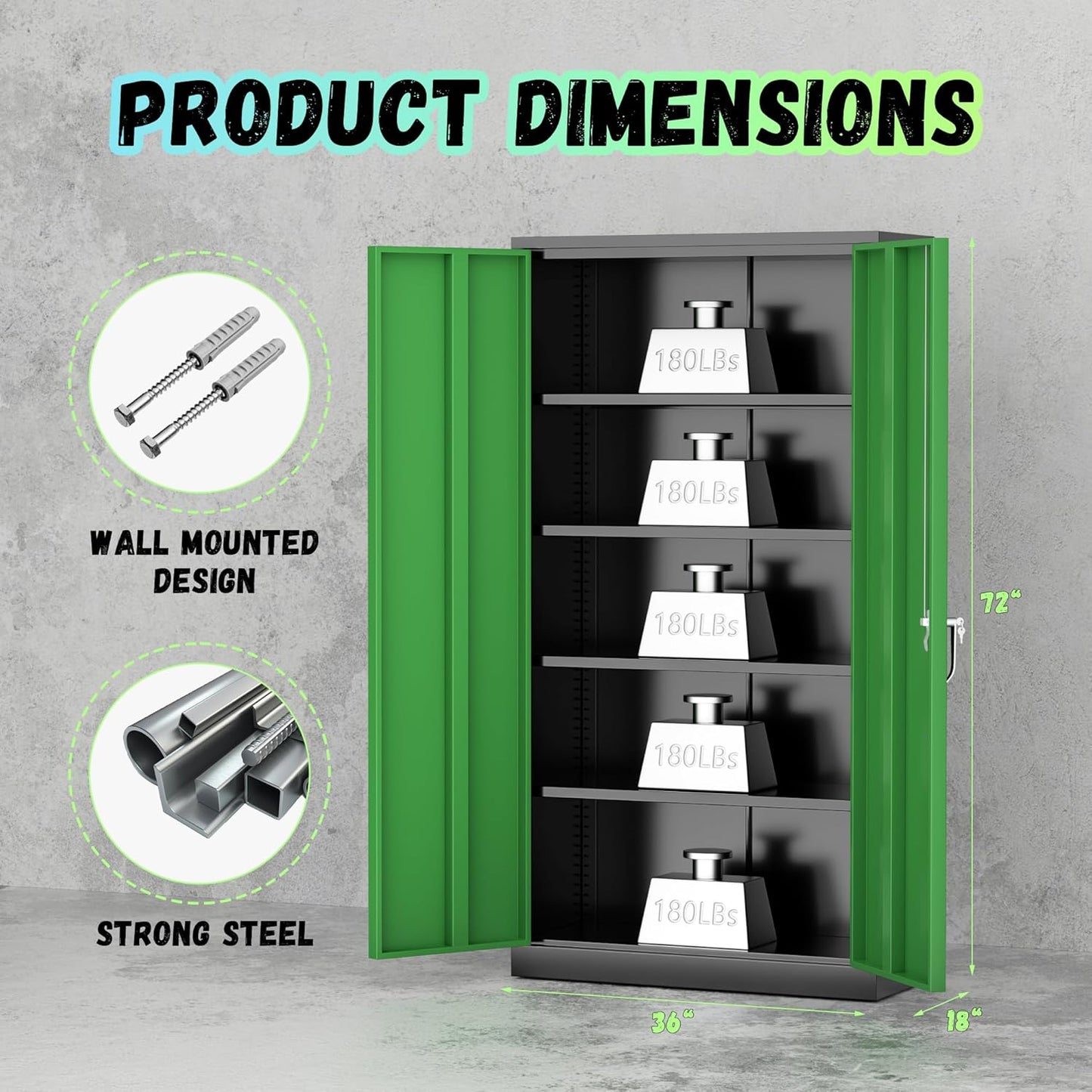 INTERGREAT Metal Storage Cabinet, 72" Locking Storage Cabinets with Doors and 4 Shelves, Tall Tool Storage for Garage, Steel Lockable Cabinet Metal Locker for Home Office, Black Green