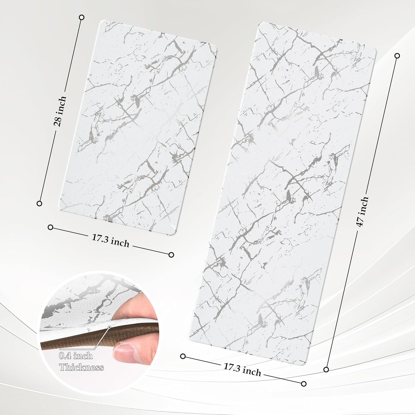 Silver Foil Stamped Marble Kitchen Mats for Floor 2PCS Cushioned Anti Fatigue Non Slip Waterproof Comfort Leather Kitchen Rugs 2/5 Inch PVC Kitchen Mats for Sink, Laundry, 17.3"x28"+17.3"x47",White