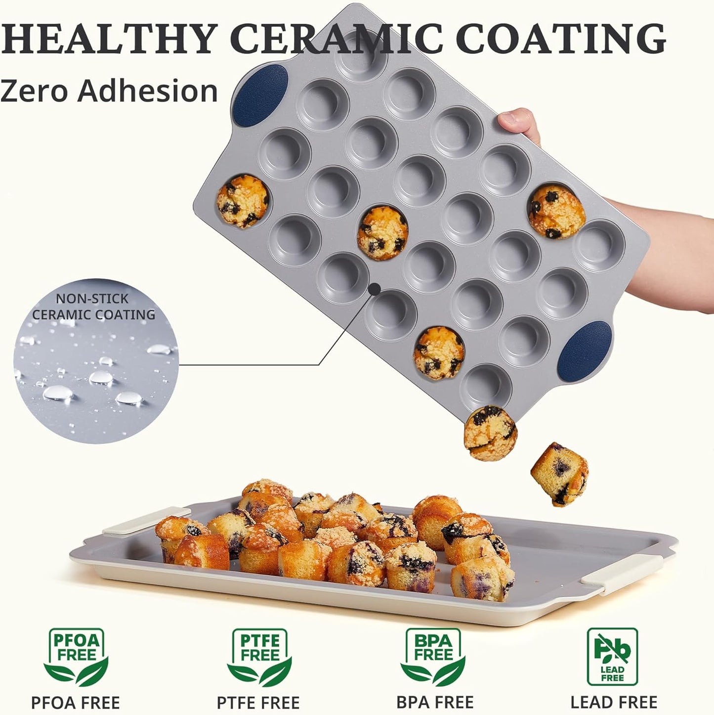 BRONYPRO Ceramic Mini Muffin Pan, 24-Cup Nonstick Aluminized Steel Cupcake Pans, Healthy Non-Toxic Ceramic Coating Mini Muffin Tin, 1Pack Cup Cake Pans for Baking Blue