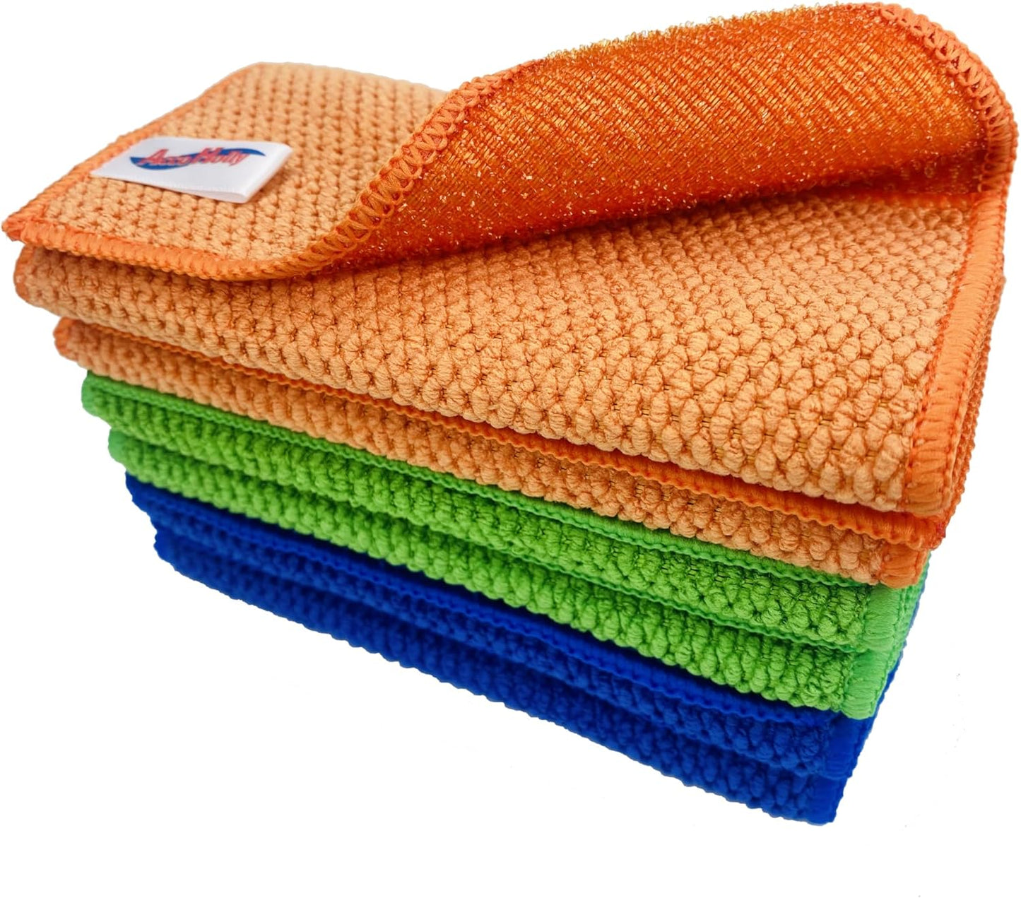 15 Pack Microfiber Scrub Dish Cleaning Cloth, Non-Scratch, Reusable & Durable for Pan Pot Dish Cooktop Stovetop Counter Kitchen Household, Machine Washable, 6 x 6 Inch, Orange, Blue & Green Assorted