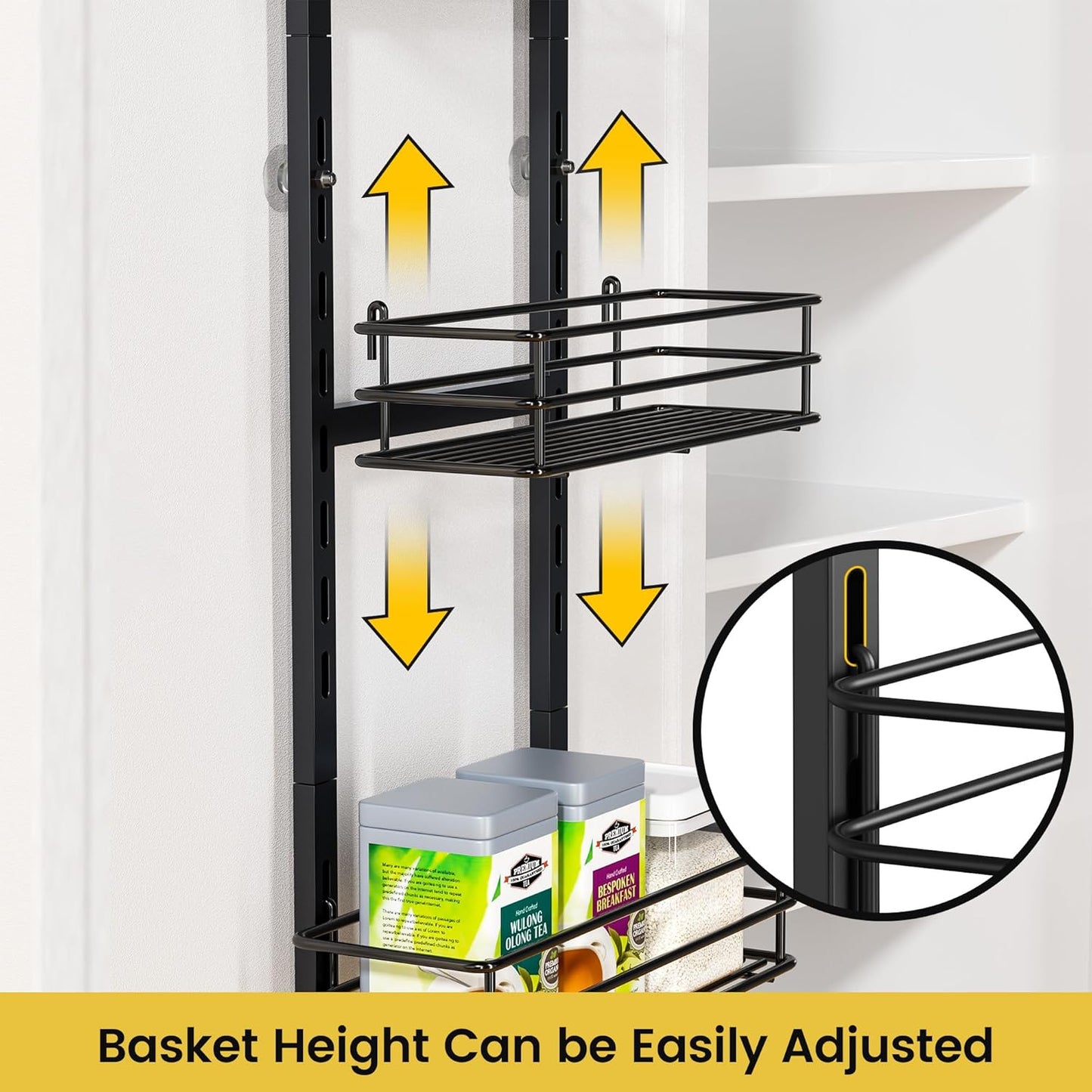 Pantry Door Organizer 12 Inch Wide, 8 Tier Hanging Adjustable Over the Door Spice Rack For Narrow Space,Matt Black