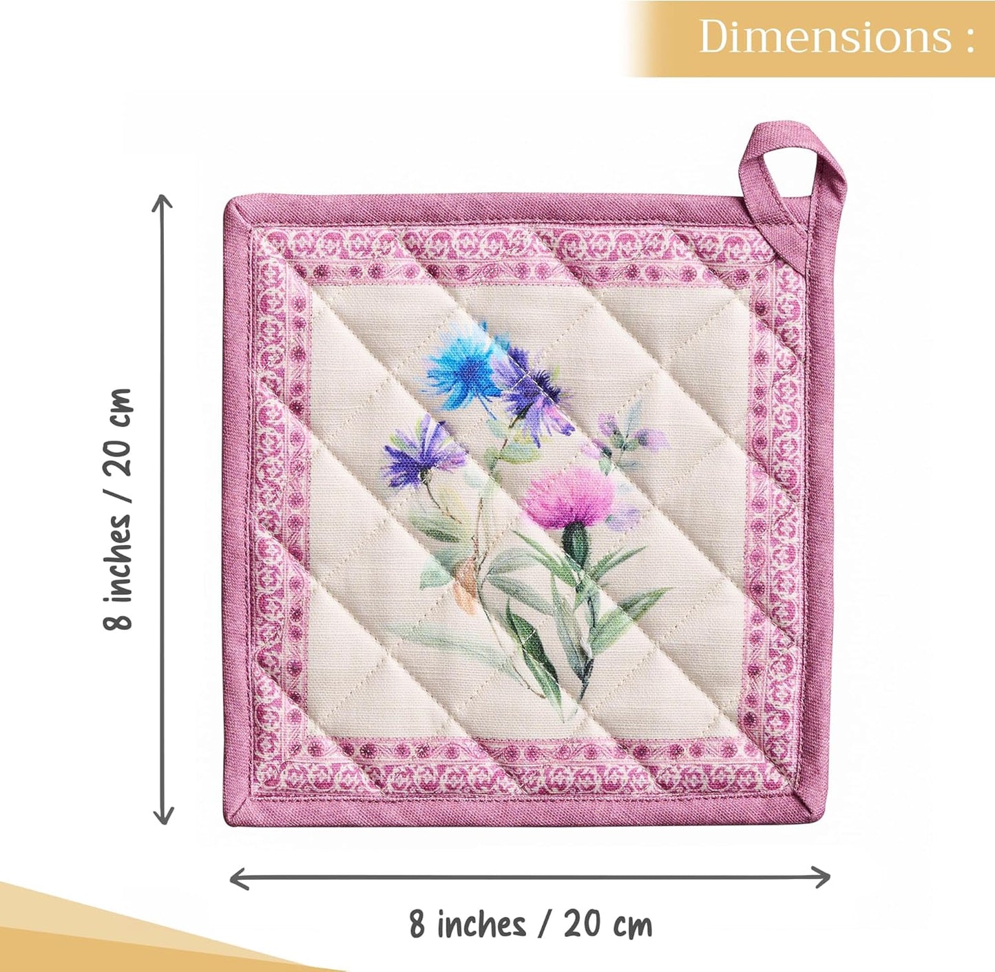 Maison d' Hermine Pot Holders Set 100% Cotton Heat Resistant Potholders 8" x 8" Hot Pads with Loop BBQ, Cooking, Baking, Grilling, Kitchen, Handling Hot Pans Spring/Summer (Pack of 2, Chardon)