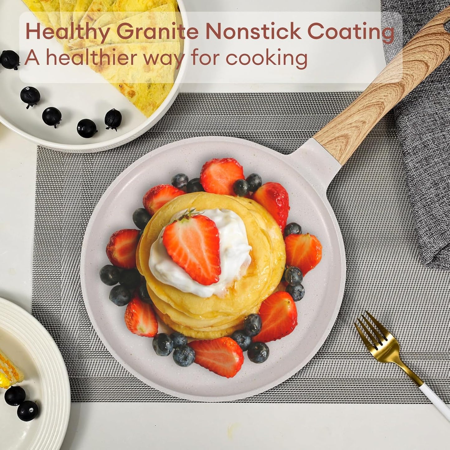 JEETEE Crepe Pan Nonstick, 9.5 inch Comales Para Tortillas Griddle Pan for Stove Top, Granite Coating Flat Pancake Pan Dosa Tawa, PFOA FREE and Induction Compatible (Beige)