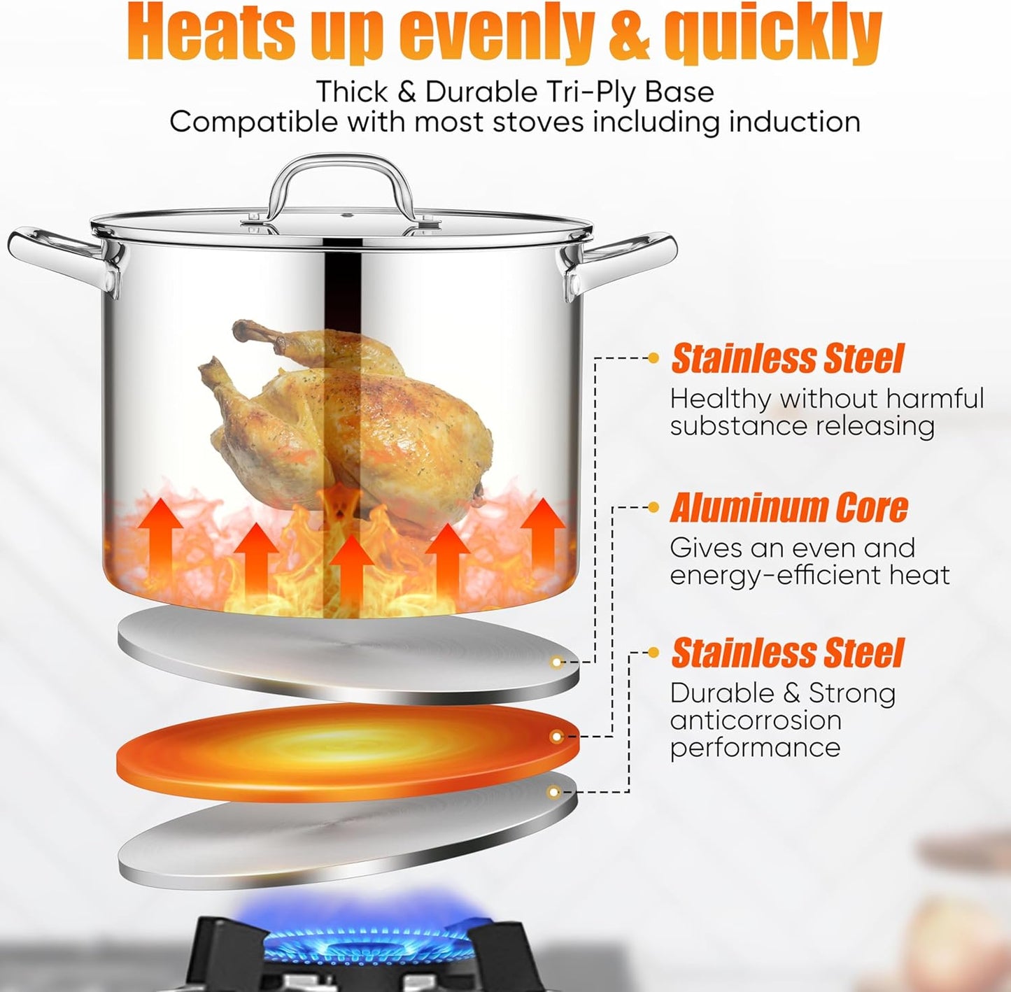 E-far 16 Quart Stainless Steel Stock Pot, Large Heavy Duty Induction Stockpot with Glass Lid for Cooking Soup Canning, Thick Tri-Ply Bottom & Riveted Handle, Compatible with All Stove, Dishwasher Safe