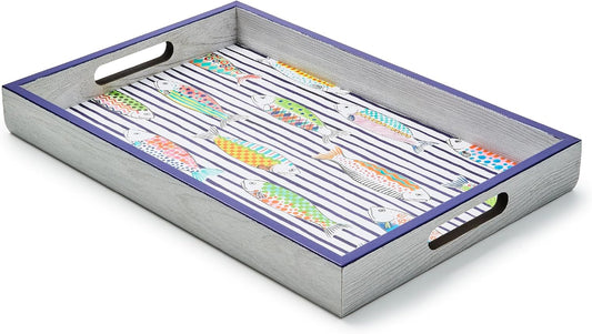 MACKENZIE-CHILDS Wooden Tray with Handles, Rectangular Tray for Serving, Go Fish