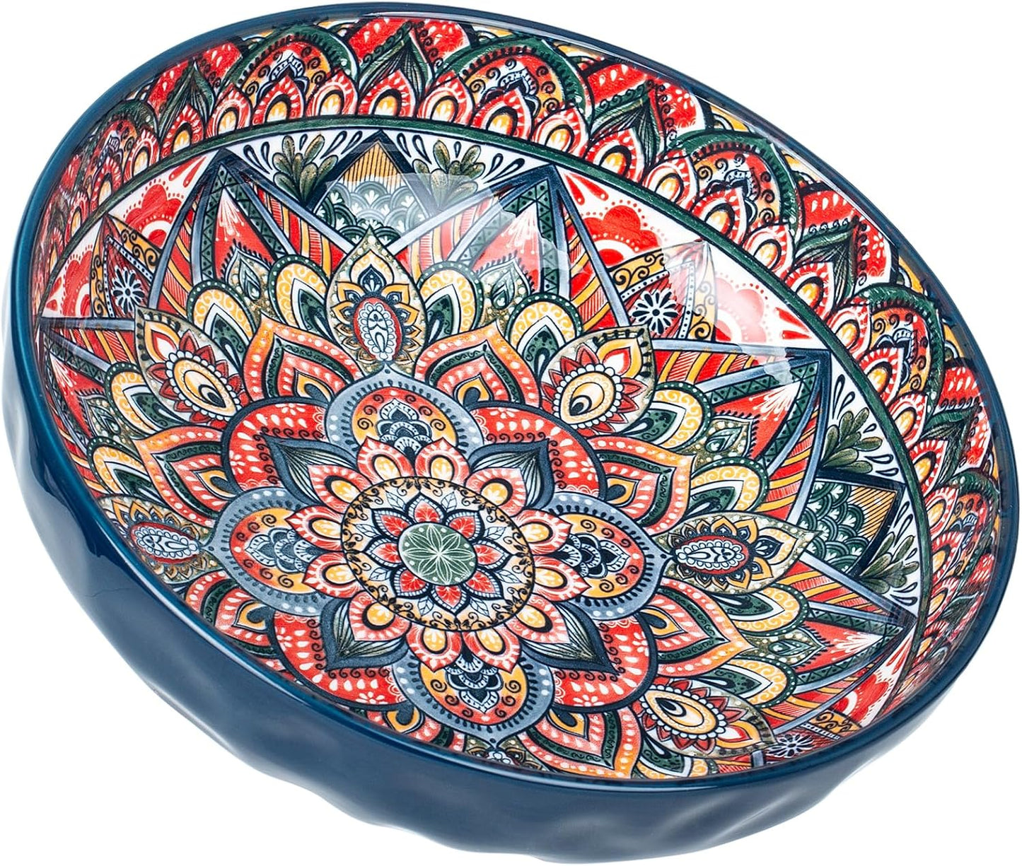 75 Oz Serving Bowls,Bohemian Style Large Porcelain Dishes for Entertaining Parties,Big Bowls for Eating Soup, Salad, Pasta, Fruit, Chips, 10.3 Inch Diameter (blue)