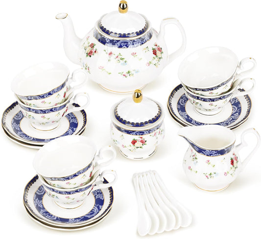 fanquare Bone China Tea Sets for Adults, 21-Piece Blue Lace and Roses Porcelain Tea Service with Sugar Bowl & Creamer, English Cremic Floral Teacups Set of 6 for Women Tea Party