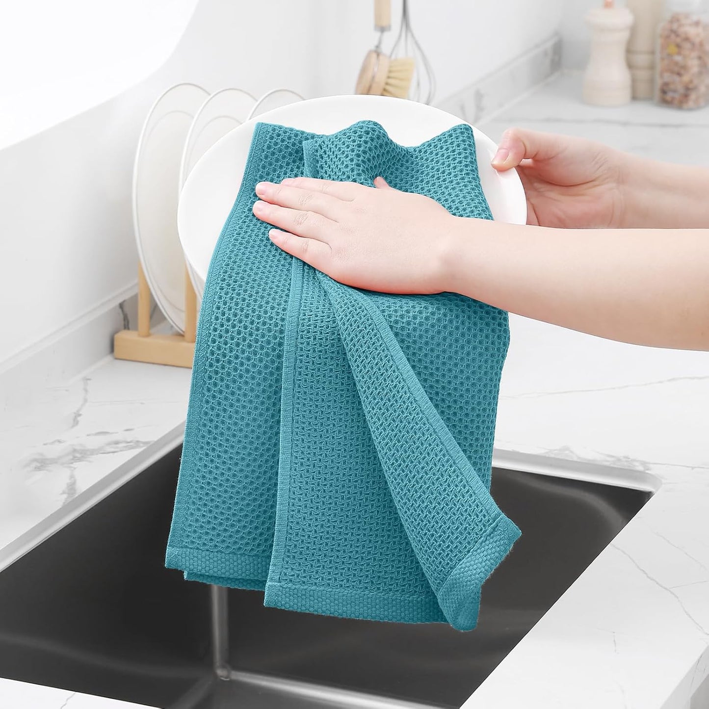 Homaxy 100% Cotton Waffle Weave Kitchen Dish Towels, Ultra Soft Absorbent Quick Drying Cleaning Towel, 13 x 28 Inches, 8-Pack, Lake Blue