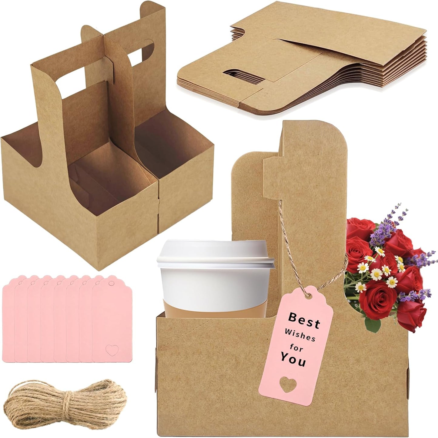 2 Cup Drink Carrier,8 Pack Coffee Cup Holders with Handle,Cardboard Cup Holders for Hot or Cold Drinks,Coffee Carrier with Ribbon and Card,Food Delivery Services and Bouquet(Kraft)