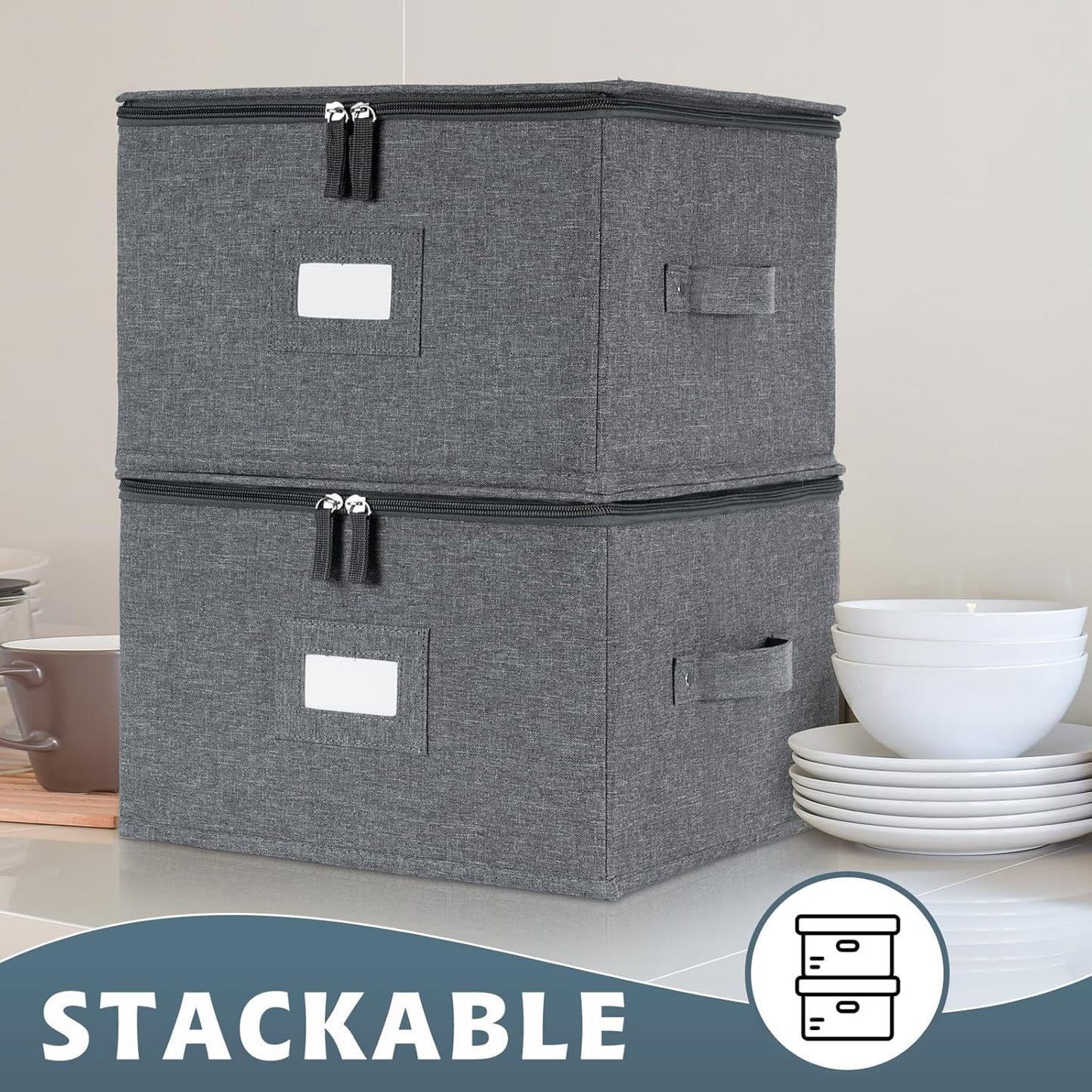 popoly China Storage Containers Inside 12" W x 8" H, Dinnerware Storage Box for Dishes Plate Storage with 24 Felt Dividers, Hold 24 Plates, Hard Shell and Stackable（4PACK