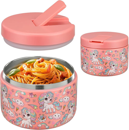 12oz Insulated Vacuum Food Jar with Buckle Lid Wide Mouth Soup Thermo for Hot Food Kids Leakproof Stainless Steel Lunch Container (Pink-Horse)