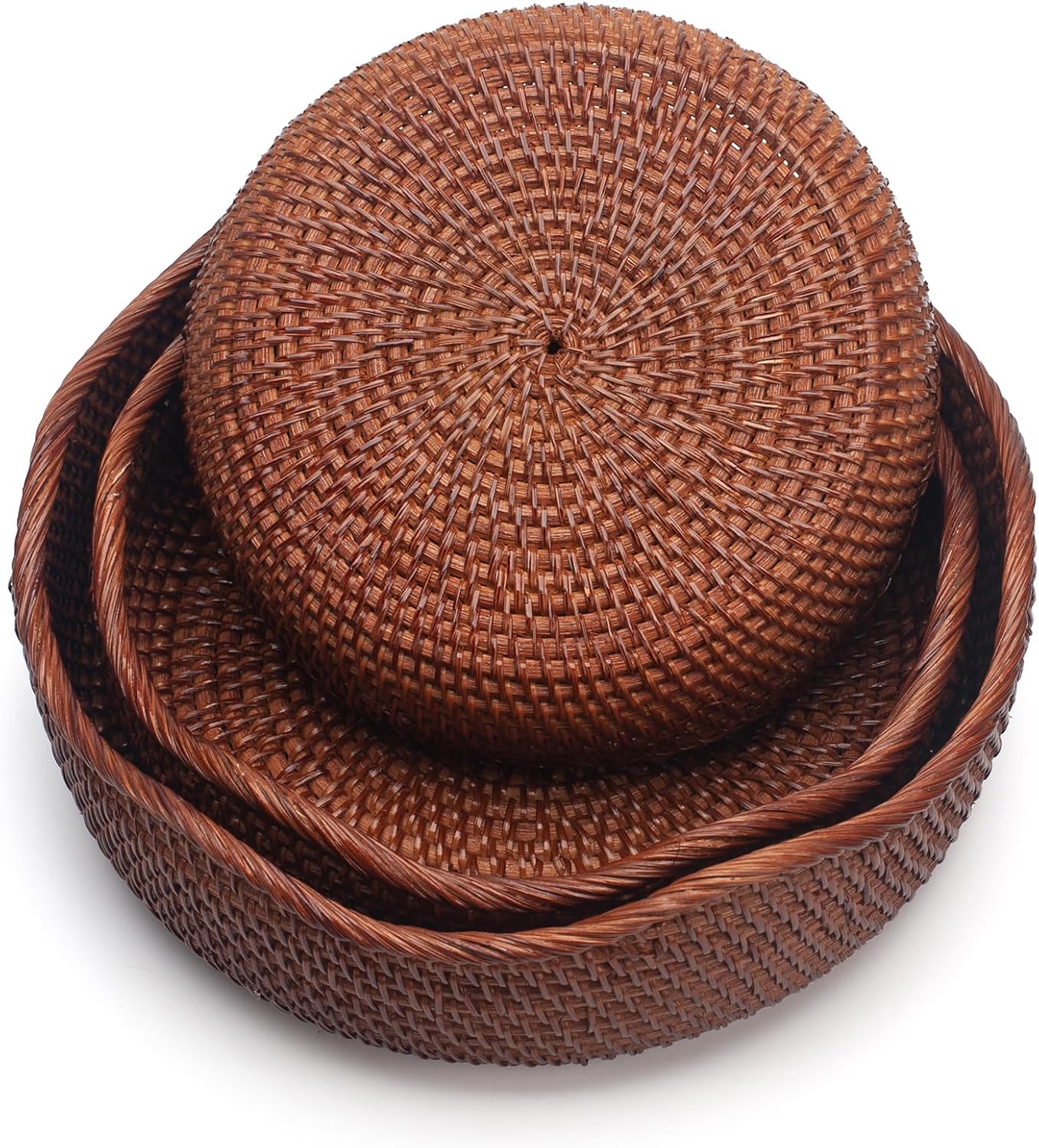 YANGQIHOME Rattan Round Fruit Baskets, Wicker Storage Bowls, Natural Woven Serving Basket Bowls, Decorative Baskets for Kitchen Counter Organizing, Brown, Set of 3