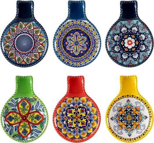 Ceramic Spoon Rest for Stove Top, Large Spoon Holder for Kitchen Counter, Cooking Utensil Rest for Ladle, Spatula, Tongs, Housewarming Gifts Set of 6 - Bohemian Style