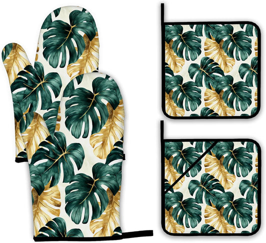 Palm Leaf Golden Tropical Oven Mitts and Pot Holders Set,Kitchen Decor Heat Resistant Non Slip Hot Pads and Oven Mitt for Chef Cooking Baking BBQ Mom Girl Gifts(4 Piece Set)