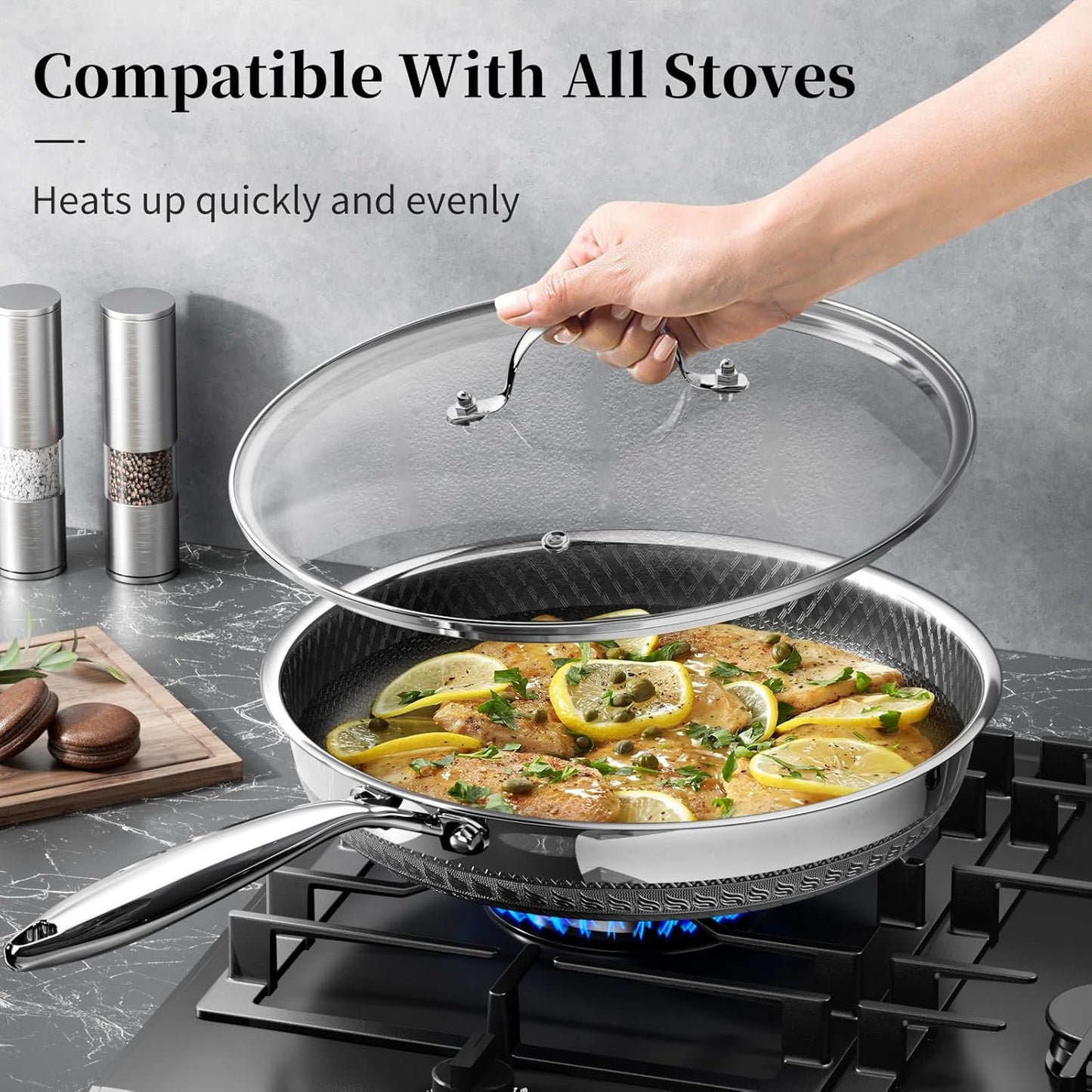 Stainless Steel Frying Pan with Lid - Titanium Ceramics Stainless Steel Nonstick Frying Pan Set, 10 Inch&12 Inch Safe Non Stick Skillet Egg Omelete Pan Set, Induction Compatible, PFOA, PFAS, PTFE Free
