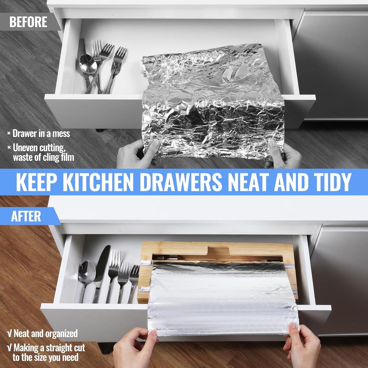 2 in 1 Plastic Wrap Dispenser with Cutter，Bamboo Foil and Plastic Wrap Organizer,Aluminum Foil and Wax Dispenser for Kitchen Drawer Storage Organization