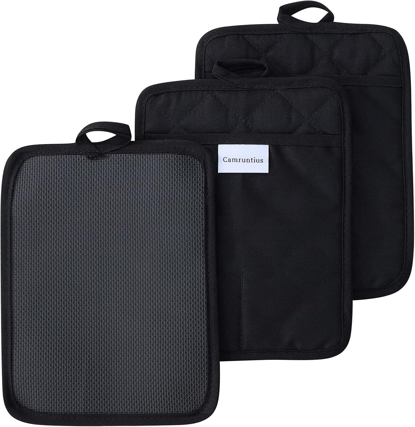 Kitchen Pot Holders, 7"x9", Rectangular with Pocket, Cotton and Neoprene Heat-Resistant Potholders for Cooking and Baking, Machine Washable, 3-Piece Set (Black)