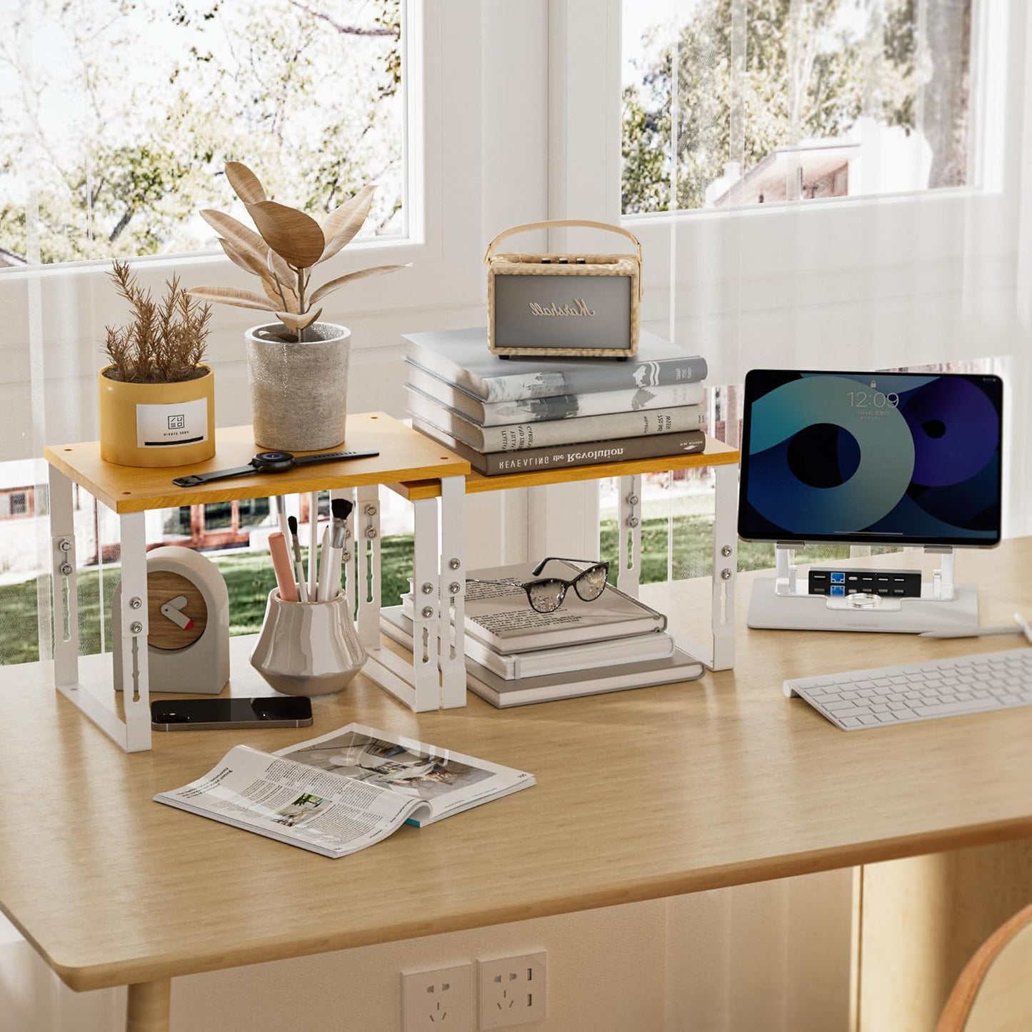 Expandable Kitchen Cabinet Organizer Shelves – Stackable Adjustable Metal and Wood Storage Racks for Countertop, Pantry, Garage Set of 2 Spice Rack – Easy Assembly, Space-Saving(1 Pack/Medium/White)