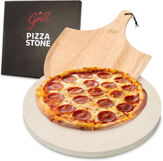 HANS GRILL PIZZA STONE | Circular Pizza Stone For Oven Baking & BBQ Grilling With Free Wooden Peel | Extra Large Round 15" Inches Diameter (38CM) Durable Cordierite Cooking Stone.