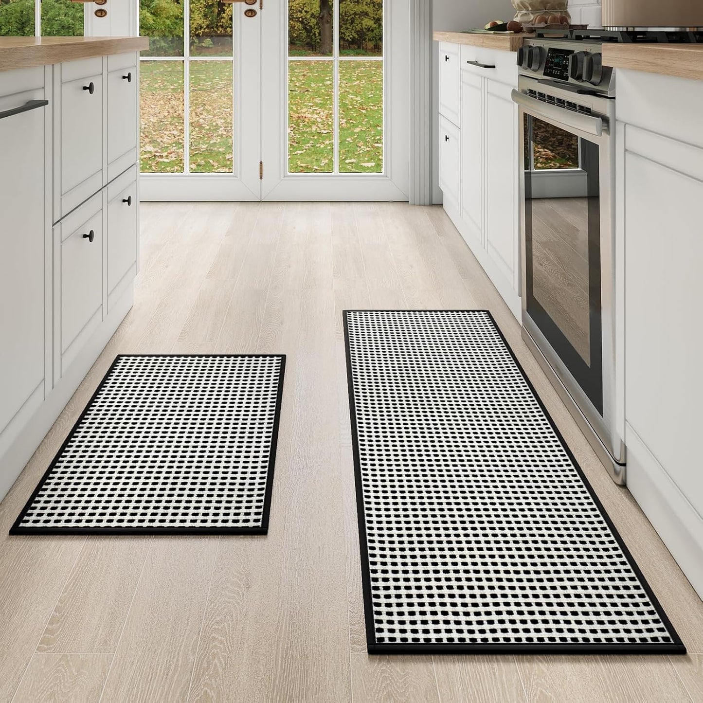 Kitchen Mat Kitchen Rugs Sets of 2 PCS Non Slip Washable, Super Absorbent Soft Braided Kitchen Mats for Floor, Rubber Backing Comfort Standing Kitchen Sink Mat Runner Rug, Black 17"x28"+17"x47"