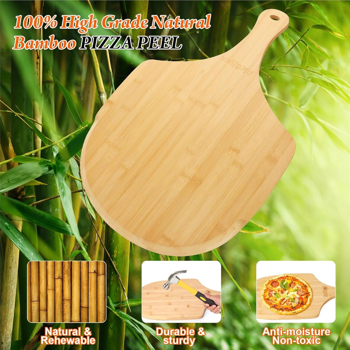 2 Pack Natural Bamboo Pizza Peel 16 inch, Wood Pizza Paddle, Cutting Board with Handle for Pizza, Bread, Cheese, Vegetable, Fruits