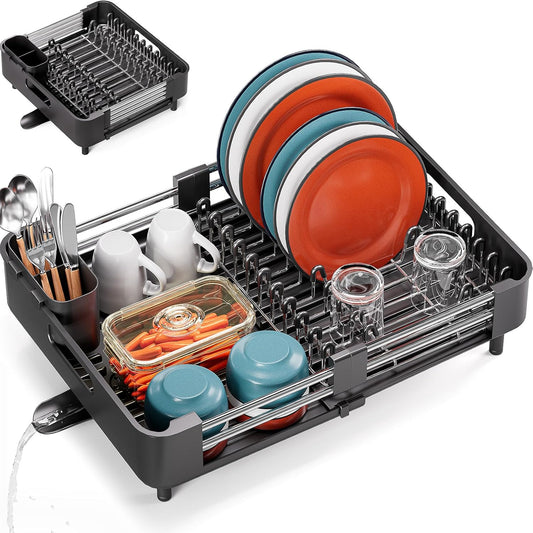 Dish Drying Rack for Kitchen Counter, Extendable Dish Rack with Drainboard, Expandable Dish Drainer, Collapsible Dish Strainer with Cutlery Holder, Foldable Home Countertop Plate Storage Rack, Black