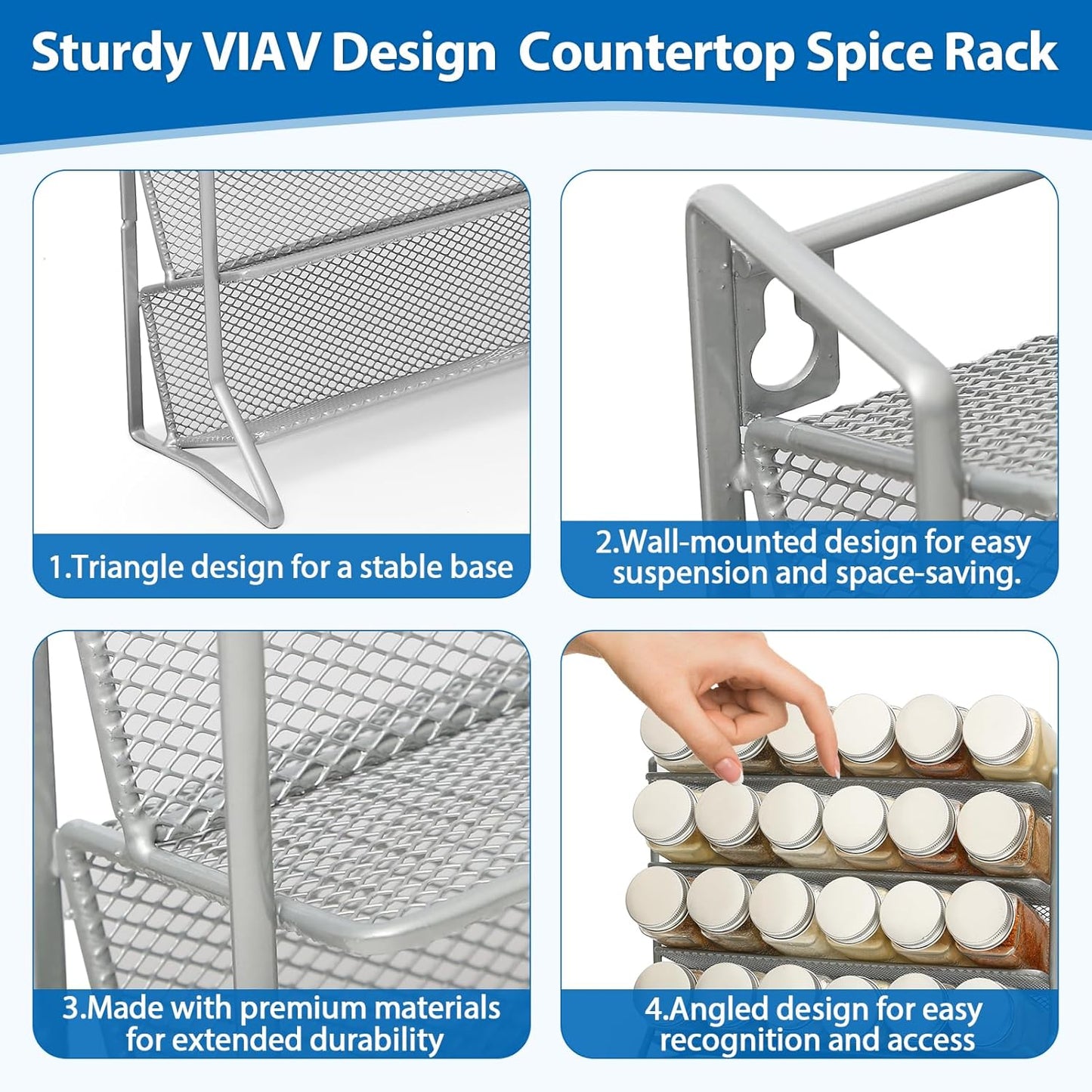 1PCS 4Tier Spice Rack for Counter Free Standing,Spice Rack for Inside Cupboard Hanging Wall Mounted Spice Seasoning Organiser Spice Jars Bottle Organizer for Kitchen Pantry（Silver）