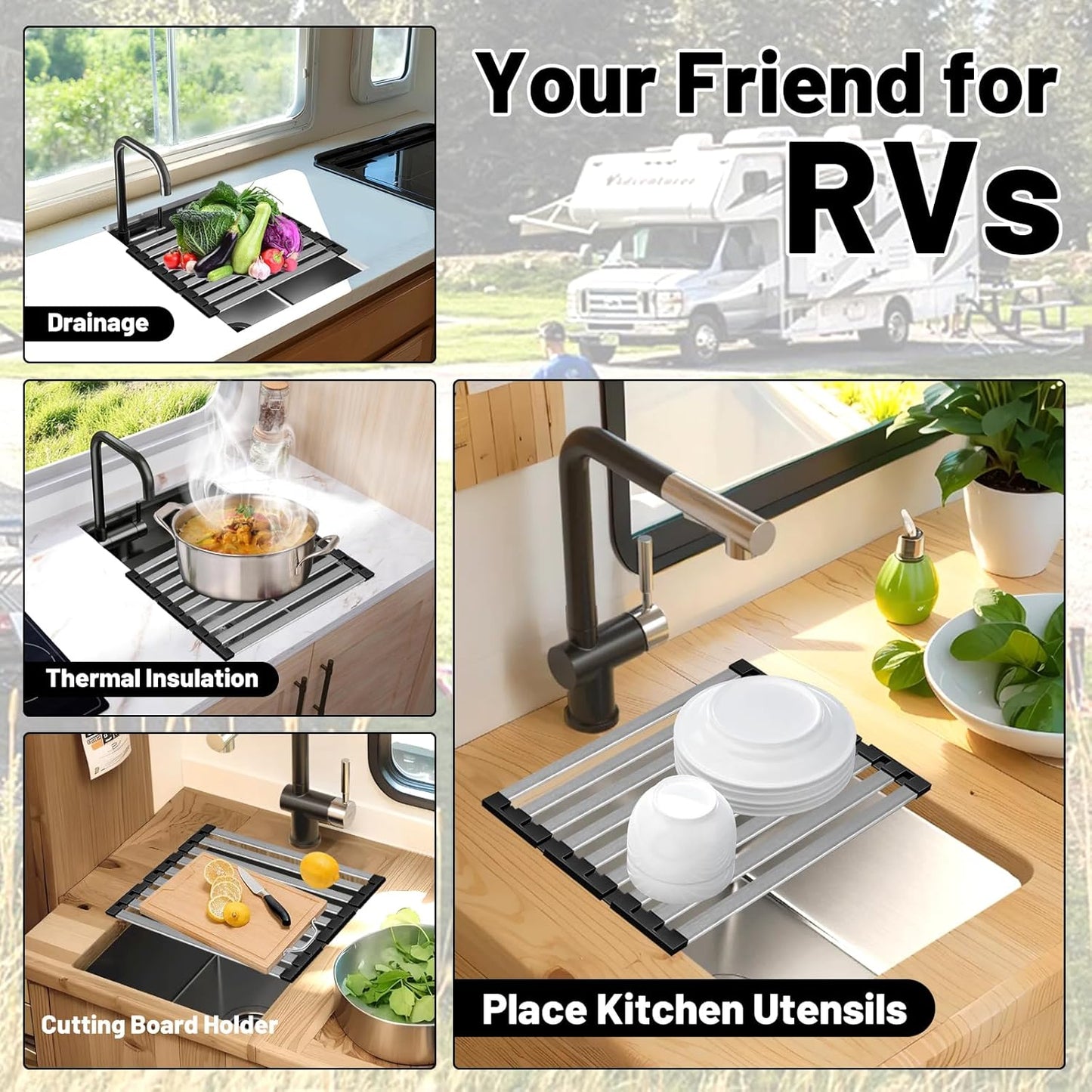 21.5" X 13" Dish Drying Rack, Over Sink Drying Rack, Kitchen Roll Up 304 Stainless Steel Drain Rack, Roll Up for Kitchen and RV Sinks, Black