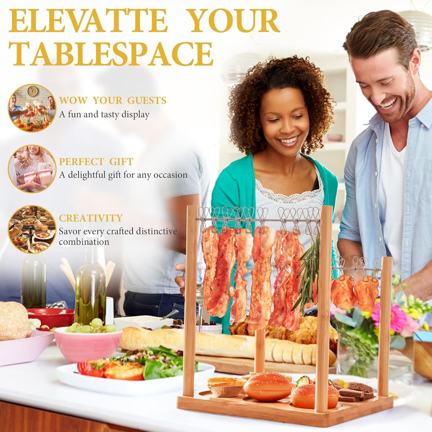 Bacon Display Rack with Clothesline Serving Tray, Patented Design Bacon Serving Dishes and Extra Double Hangers, Exquisite Holder for Housewarming, Home Party, or Wedding Gifts (Natural Bamboo)