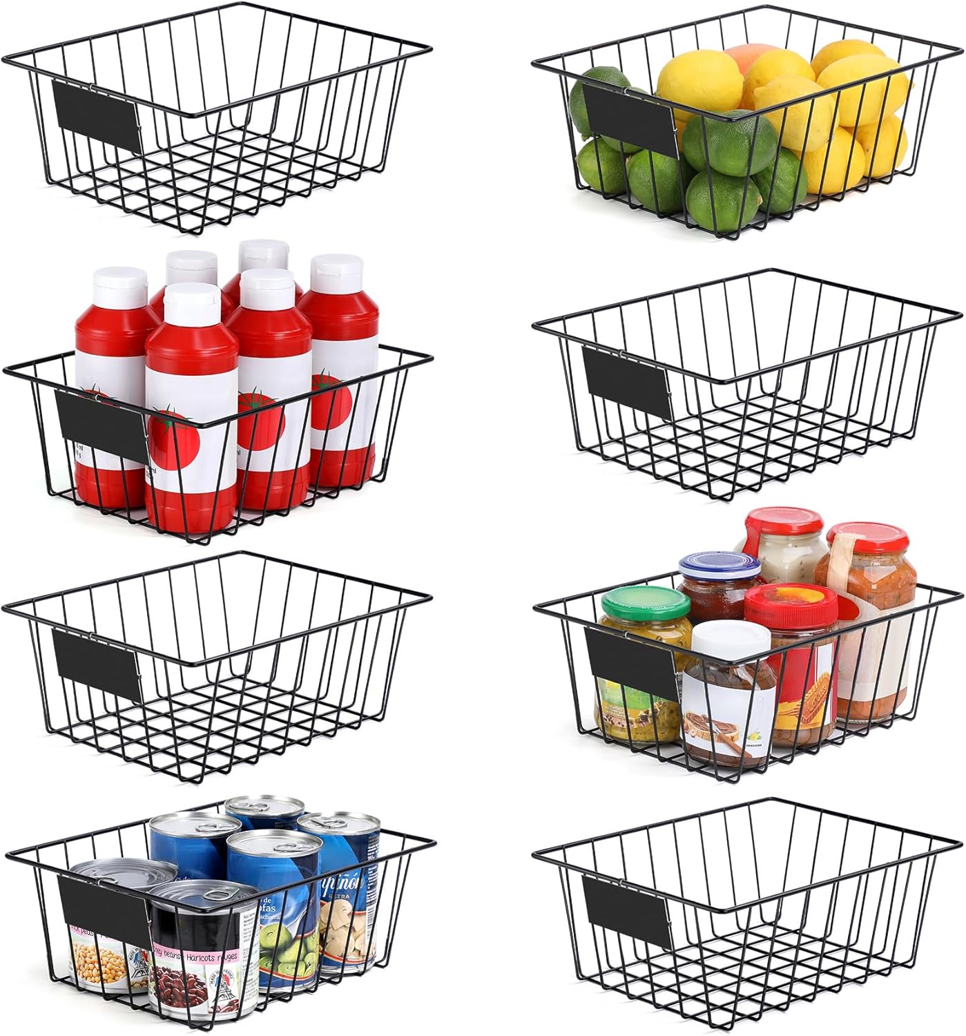 8 Pack Wire Storage Baskets for Organizing with Removable Tags, Pantry Organization Bins for Kitchen Cabinets, Closet - Metal Basket for Laundry, Garage, Refridge, Bathroom Countertop Organizer, Black