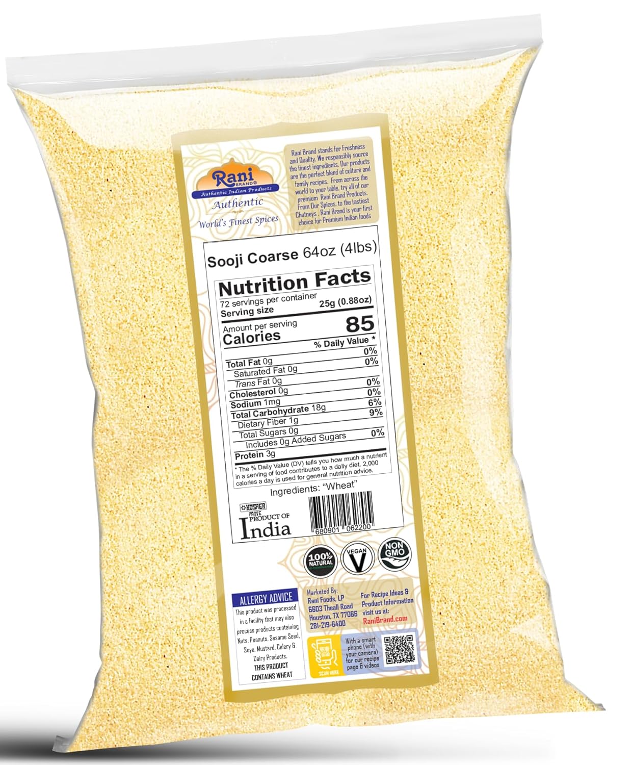 Rani Sooji Coarse (Farina, Suji, Rava, Rawa, Wheat Semolina) Flour 64oz (4lbs) 1.81kg Bulk ~ All Natural | Vegan | NON-GMO | Indian Origin