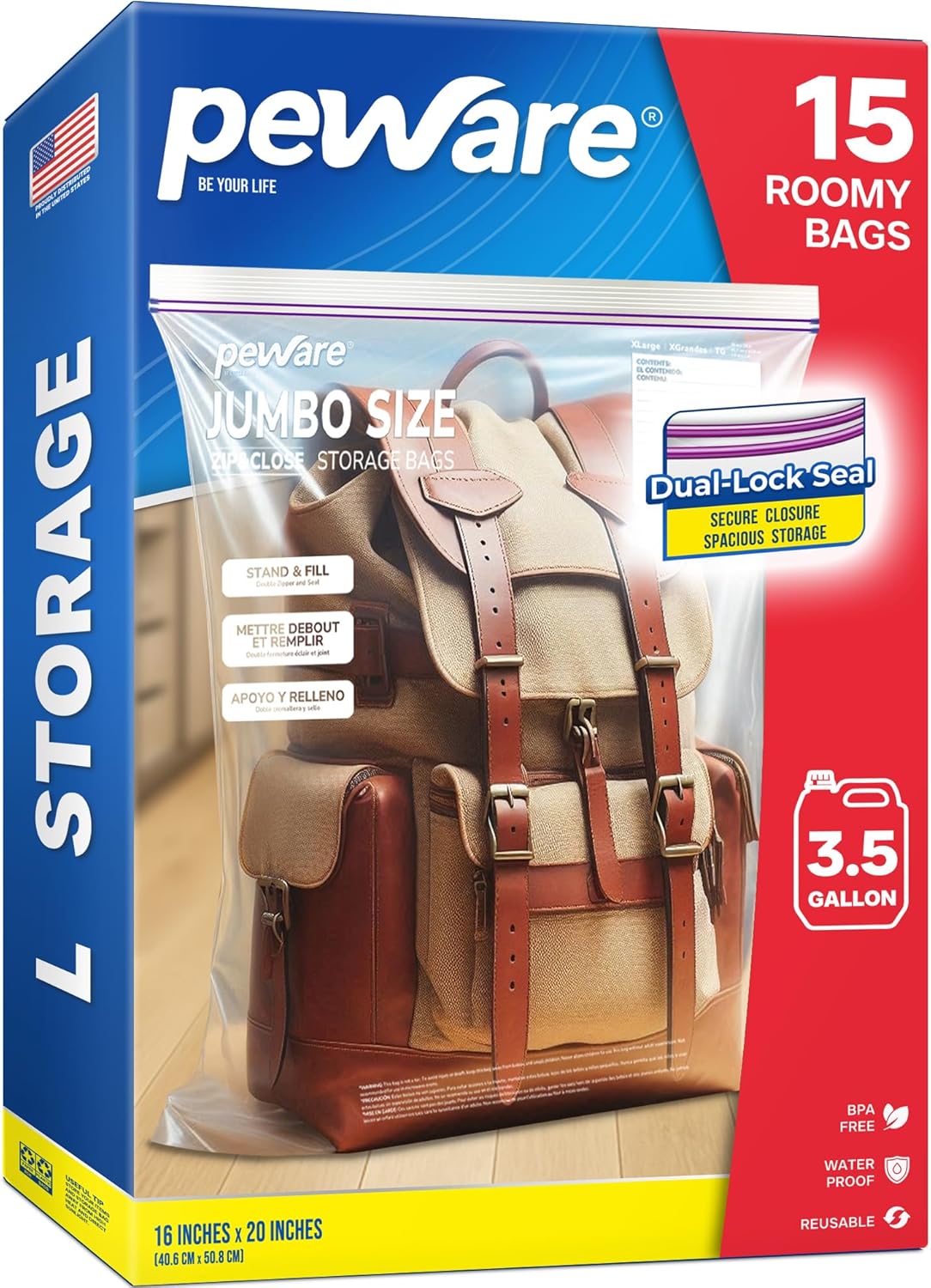 Large Storage Bags, 16"x20" Jumbo Plastic Bag, BPA Free, 3.5 Gallon XL Zipper Lock Baggies for Clothes Pillow Travel Moving - 15 Roomy Bags