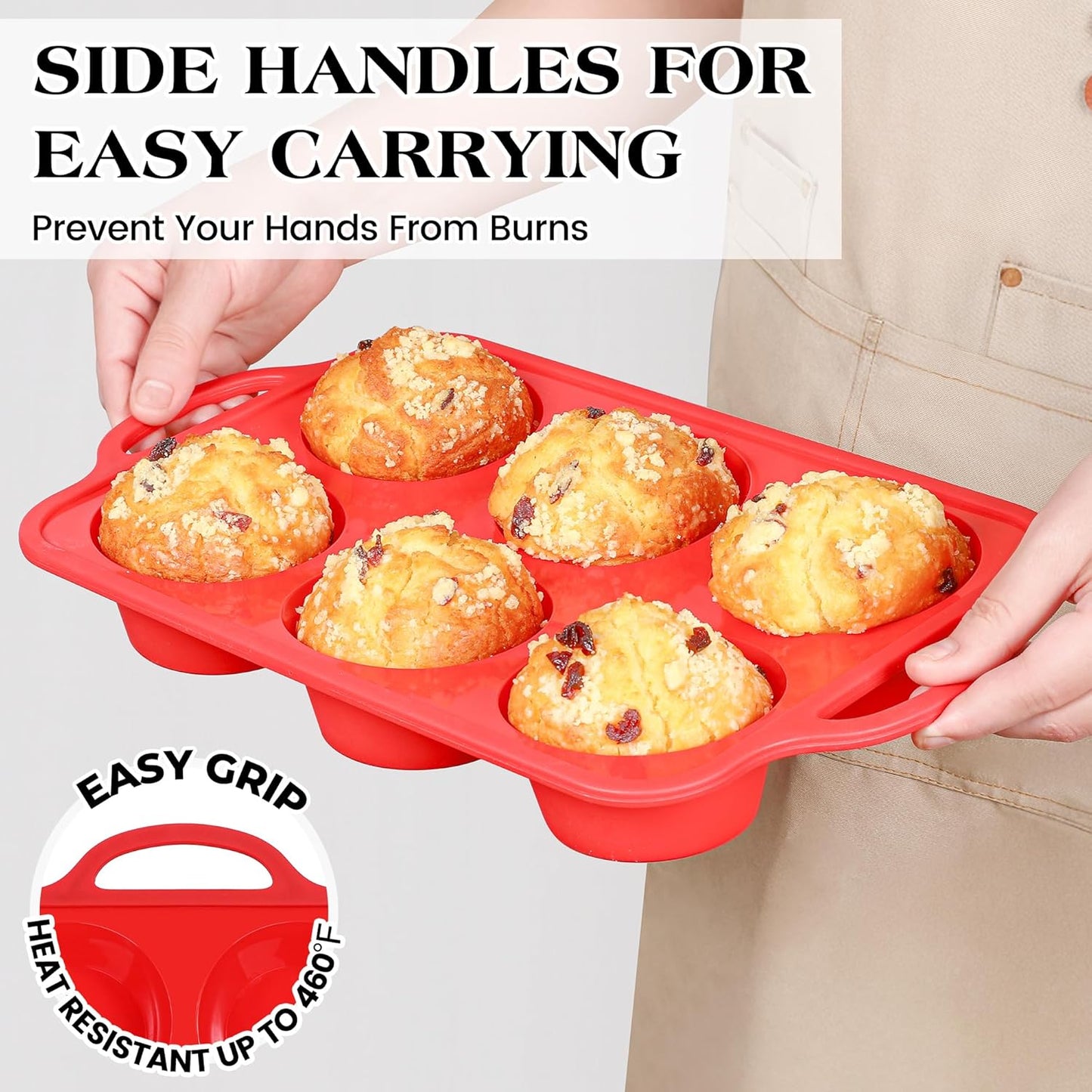 2 Pcs Jumbo Muffin Pan with Metal Frame, Nonstick 6 Cup Extra Large Cupcake Pan for Baking, Silicone Deep Muffin Tray for Egg Bites (Red)