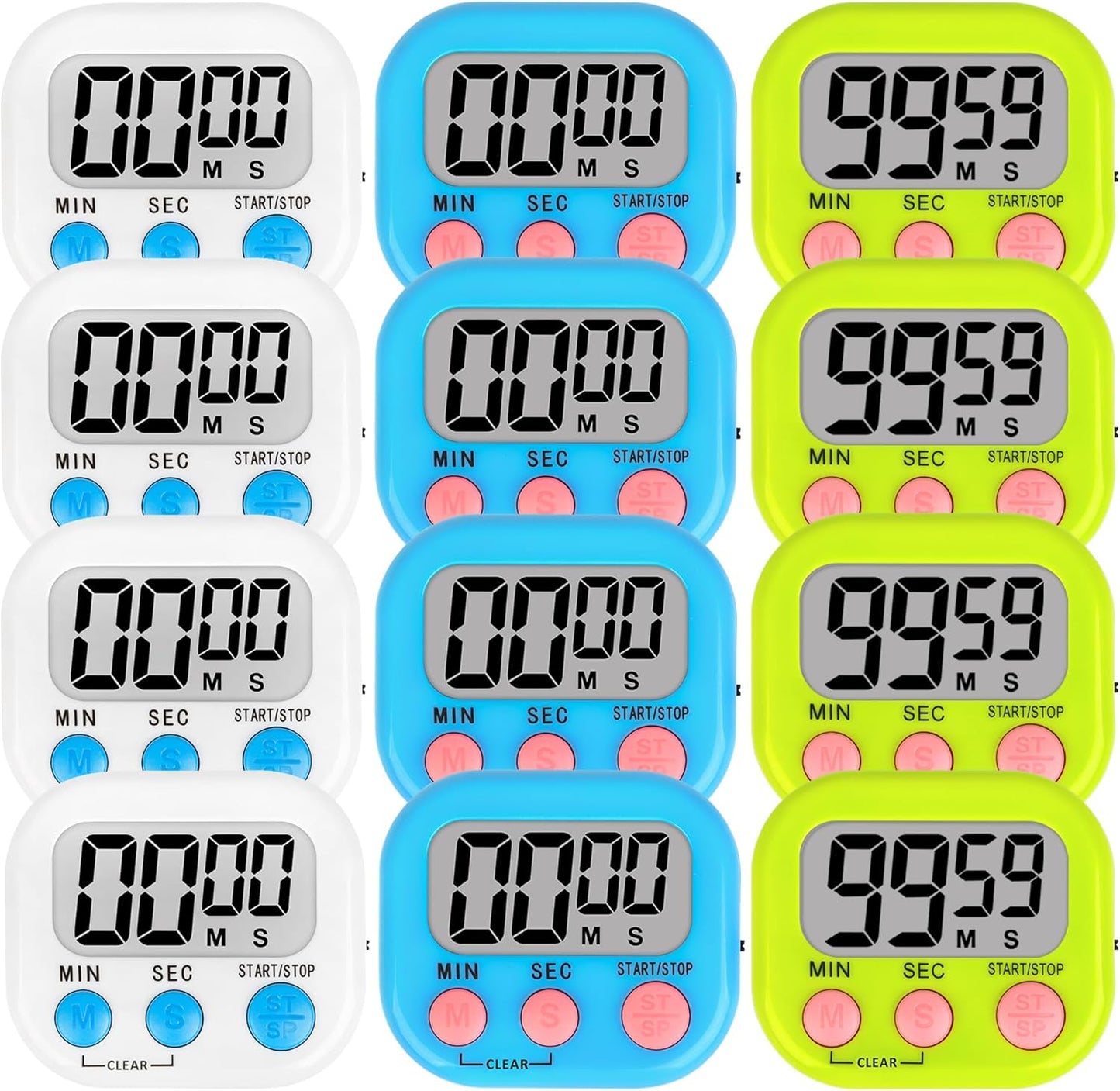 ZILLEEN 12 Pack Kitchen Timers for Cooking Digital Classroom Timers for Teachers Kids White Blue Green